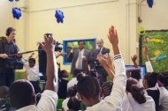 Students at John B. Russwurm Elementary School in Harlem raised their hands excitedly to ask questions of 2013 TED Prize winner Sugata Mitra. Photo: Dian Lofton/TED