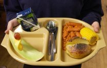 UK school dinner of frankfurters and beans, a baked potato, corn on the cob, slice of melon and a box drink