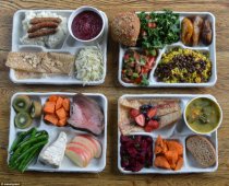 What children in other countries eat (clockwise from top left): Ukraine's version of sausage and mash; Brazil's plantains, rice and black beans; beetroot salad and pea soup in Finland and steak with beans and carrots in France (photo courtest Sweetgreen)